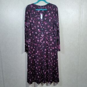 02566 Talbots black and pink floral knit L/S v-neck dress XL NWT